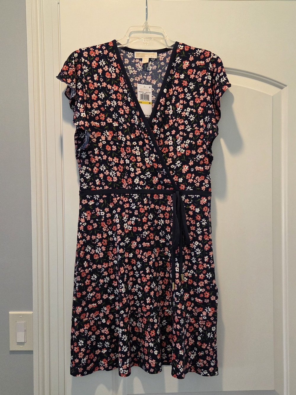 Michael Kors Navy Floral Wrap Dress with Pink and White Blossoms